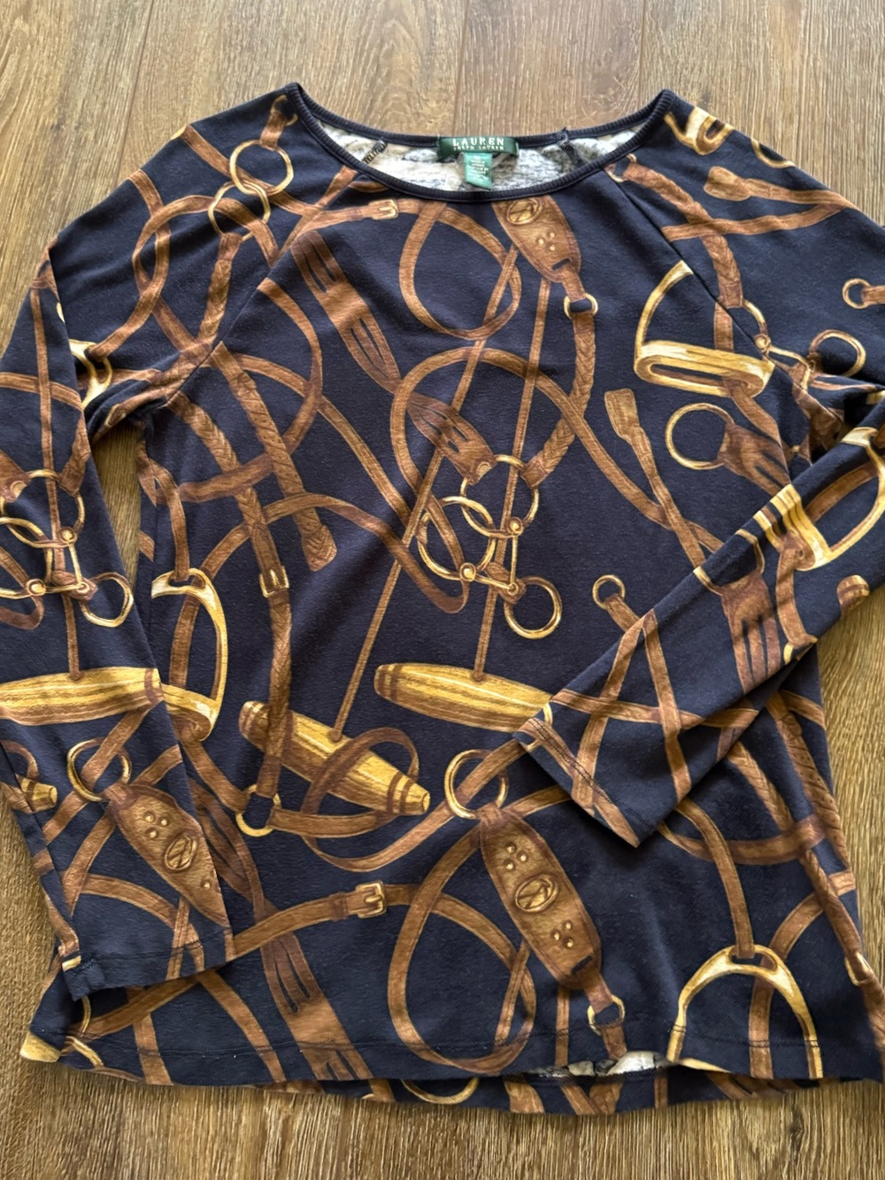 Lauren Ralph Lauren Black T-shirt Brown & Gold Horse Tack Motif